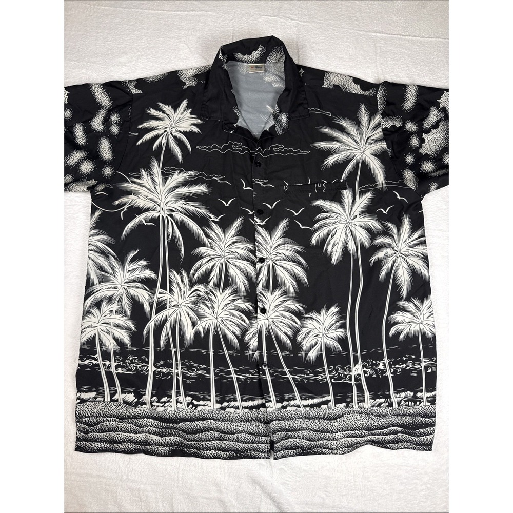 La Leela Black White Tropical Hawaiian Casual Resort Palm Trees Shirt‎ Men's XL